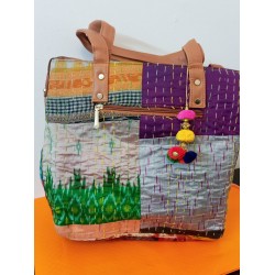 SBP 9-Kantha stitched big Leather hand bag 12 inch x 12 inch