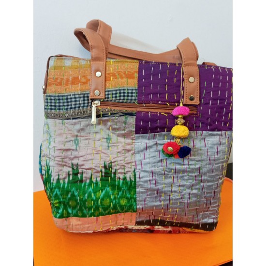 SBP 9-Kantha stitched big Leather hand bag 12 inch x 12 inch SBP 9-Kantha stitched big Leather hand bag 12 inch x 12 inch